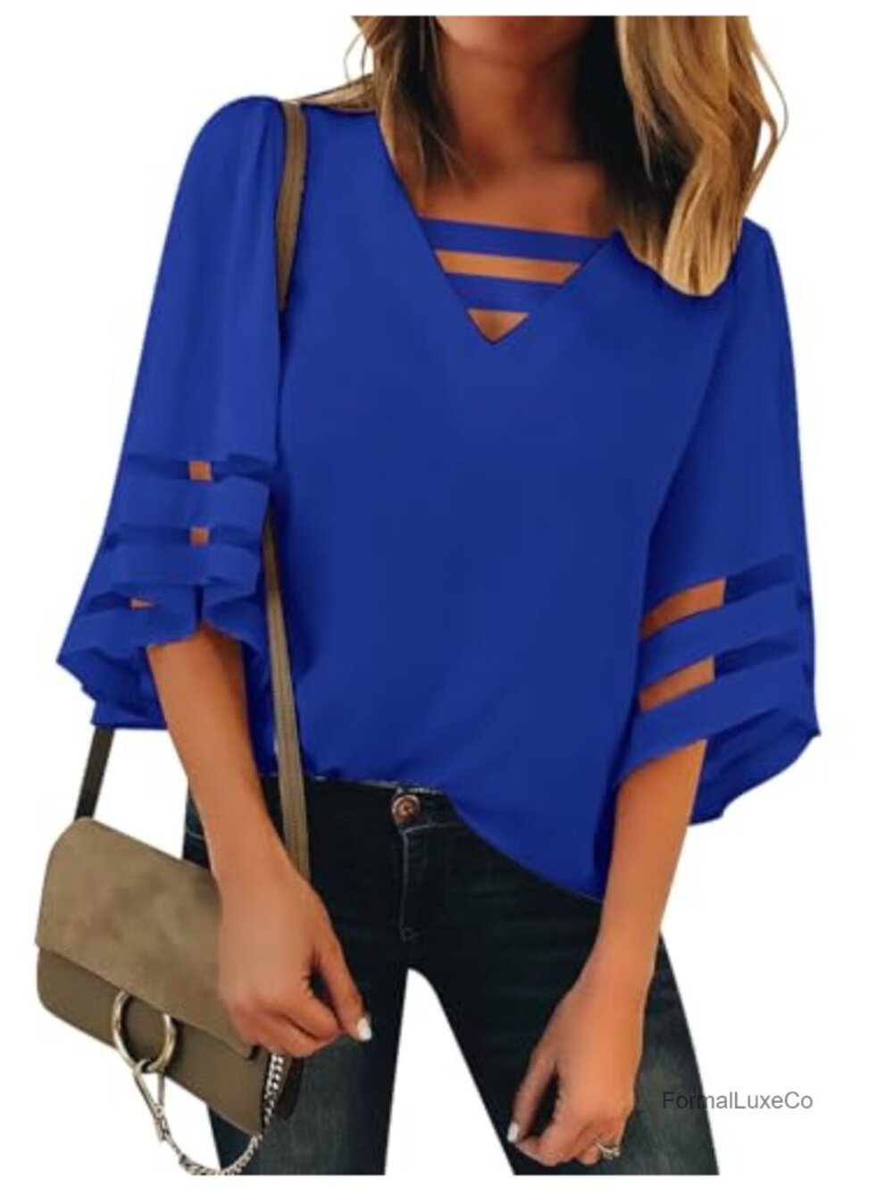 Women's V-Neck Mesh Bell Sleeve Blouse 3/4 Sleeve Casual Tunics